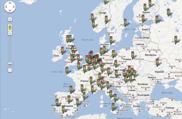 Карта с покритие за услугата трафик в реално време на Google Maps